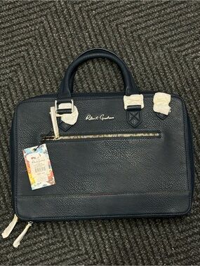 Robert Graham Navy Leather Briefcase with Gold Hardware